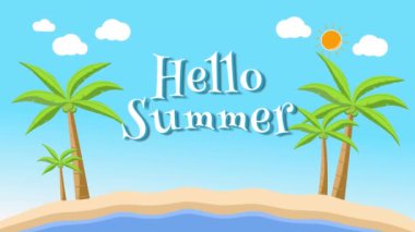 Yaz indirimli arka plan animasyonları diyor ki: Mutlu yaz indirimleri. Sahilde hindistan cevizi ağaçları canlandırılıyor ve güneşli hava döngüsü 4k