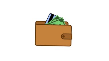 Parlak yeşil ekranlı arka planda, içinde çeşitli kredi kartları olan kahverengi deri cüzdan. Basit çizgi film stili illüstrasyonu