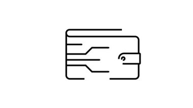 İçinde kredi kartları olan devre kartı tasarımı olan bir cüzdanın çizgi çizimi. Beyaz arka planda basit, temiz, siyah ve beyaz estetik.