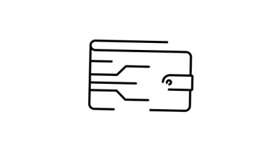 İçinde kredi kartları olan devre kartı tasarımı olan bir cüzdanın çizgi çizimi. Beyaz arka planda basit, temiz, siyah ve beyaz estetik.