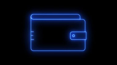 Siyah arkaplanda neon mavisi parlak cüzdan simgesi. Dijital finans, kripto para birimi ya da online ödeme konsepti. Parlak elektrik mavi çizgileri içinde devre kartı tasarımı olan bir cüzdan şekli oluşturur.