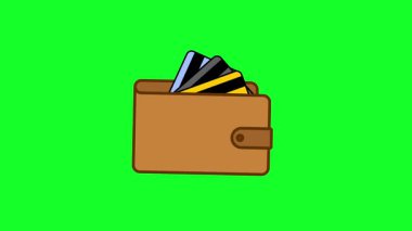 Parlak yeşil ekranlı arka planda, içinde çeşitli kredi kartları olan kahverengi deri cüzdan. Basit çizgi film stili illüstrasyonu