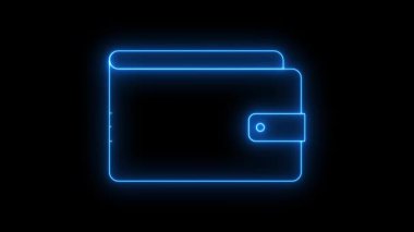 Siyah arkaplanda neon mavisi parlak cüzdan simgesi. Dijital finans, kripto para birimi ya da online ödeme konsepti. Parlak elektrik mavi çizgileri içinde devre kartı tasarımı olan bir cüzdan şekli oluşturur.