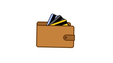 Parlak yeşil ekranlı arka planda, içinde çeşitli kredi kartları olan kahverengi deri cüzdan. Basit çizgi film stili illüstrasyonu