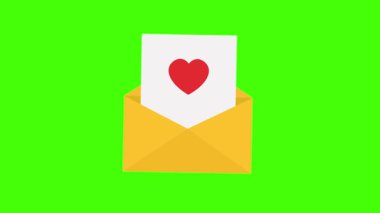 Yeşil ekran arka planında canlandırılmış sarı zarf, içerideki açık mektupta basit bir kırmızı kalp gösterilir