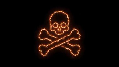 Canlandırılmış kafatası ve çapraz kemikler simgesi, siyah arka planda parlayan ateş. Parlak, dijital efekt. Basit, grafik tasarımı. 
