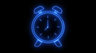 Siyah arka planda hareketli neon alarm saati. Detaylı elleri ve numaraları olan pembe ve turuncu parlayan saat. Basit, temiz tasarım, zaman yönetimi, zaman çizelgeleri veya uyandırma temaları için uygun