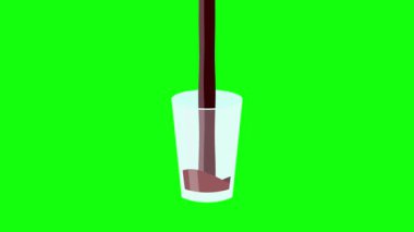 Su kolasıyla dolu bardak animasyon bardağı kırmızı sarı, mor meyve suyu ve dalgalı yeşil ekran Croma 4k döngüsüyle dolu.