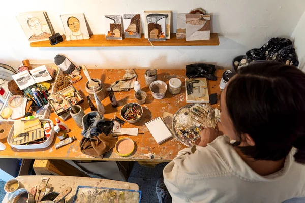 Studio Work Space Hispanic Woman Artist Oil Painting Mexico Latin — Stock Photo, Image