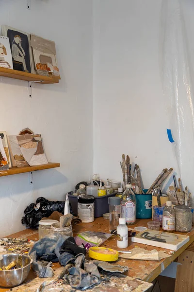 stock image studio or work space of a hispanic woman artist, oil painting, mexico latin america