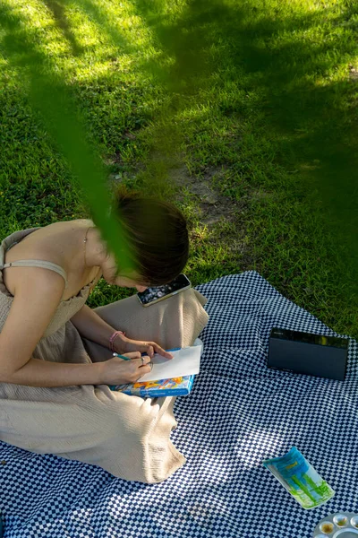 painted with accordelas on a picnic date, young woman using brushes and drawing on paper mexico guadalajara latin america