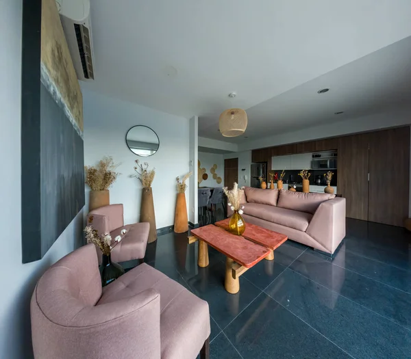 Hermosa Habitación Con Muebles Color Terracota Diseño Moderno Elegante América —  Fotos de Stock
