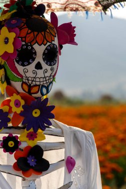 Yüzü La Calavera Catrina ve doğal yeşil yapraklarla boyanmış bir çiçek tutan Latin kadının dikey portresi.