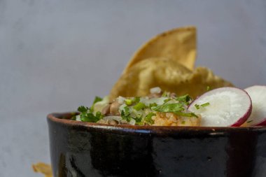 Carne en su jugo Meksika yemeği, soğan, turp, sığır eti ve mısır tostadas, Meksika Latin Amerika