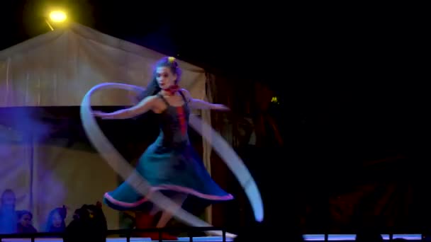 Latin Woman Dancing Very Big Hoop Night Ambient Lights Mexico — Stock Video