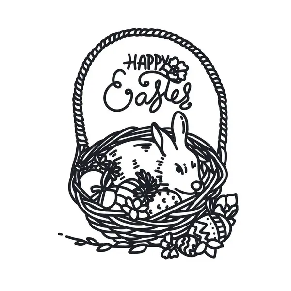 Tavşan ve yumurtalarla Mutlu Paskalyalar Çizgi Çizim Sanatı
