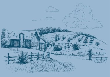 Küçük tepelerdeki yeşil çim tarlası. Çayır, alkali, kül suyu, çayır, kulplu, lea, otlak, çiftlik. Kırsal manzara manzarası kırsal çayırların manzarası. Vektör çizimi çizimi