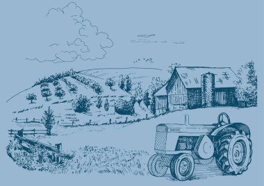 Küçük tepelerdeki yeşil çim tarlası. Çayır, alkali, kül suyu, çayır, kulplu, lea, otlak, çiftlik. Kırsal manzara manzarası kırsal çayırların manzarası. Vektör çizimi çizimi