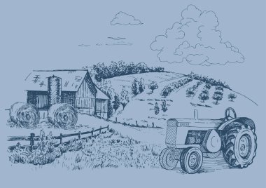 Küçük tepelerdeki yeşil çim tarlası. Çayır, alkali, kül suyu, çayır, kulplu, lea, otlak, çiftlik. Kırsal manzara manzarası kırsal çayırların manzarası. Vektör çizimi çizimi