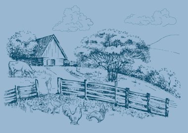 Küçük tepelerdeki yeşil çim tarlası. Çayır, alkali, kül suyu, çayır, kulplu, lea, otlak, çiftlik. Kırsal manzara manzarası kırsal çayırların manzarası. Vektör çizimi çizimi