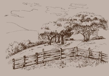 Küçük tepelerdeki yeşil çim tarlası. Çayır, alkali, kül suyu, çayır, kulplu, lea, otlak, çiftlik. Kırsal manzara manzarası kırsal çayırların manzarası. Vektör çizimi çizimi