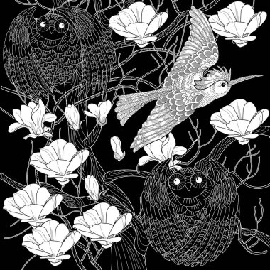 Sanat terapisi boyama sayfası. Çocuklar ve yetişkinler için boyama kitabı antistresi. Kuşlar ve çiçekler klasik tarzda çizilmiş. Doğaya daha bağlı hissetmek isteyenler için ideal..