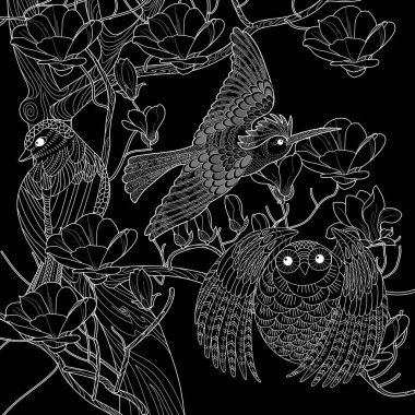 Sanat terapisi boyama sayfası. Çocuklar ve yetişkinler için boyama kitabı antistresi. Kuşlar ve çiçekler klasik tarzda çizilmiş. Doğaya daha bağlı hissetmek isteyenler için ideal..