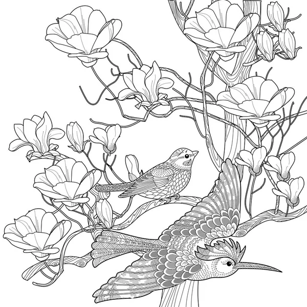 Раскраска Арт Терапии Раскраска Книги Антистресс Детей Взрослых Птицы Цветы — стоковый вектор