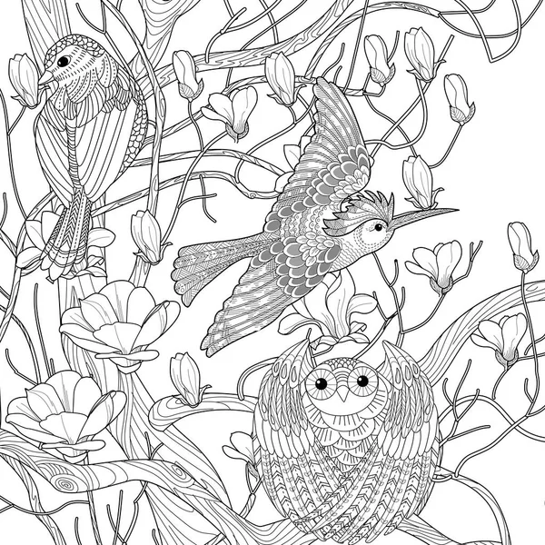 Arte Terapia Colorazione Pagina Libro Colorare Antistress Bambini Adulti Uccelli — Vettoriale Stock