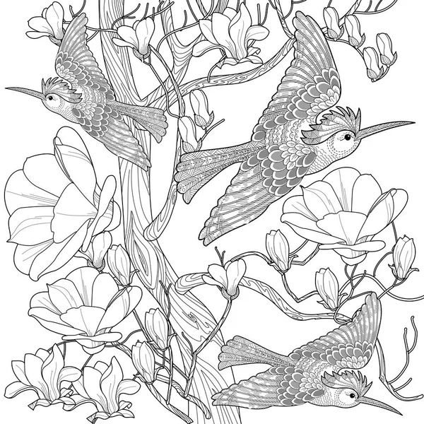 アートセラピーの着色ページ 子供や大人のための着色本の抗ストレス ヴィンテージスタイルで描かれた鳥や花の手 自然とのつながりを感じたい方に最適です — ストックベクタ