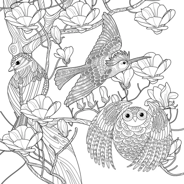 アートセラピーの着色ページ 子供や大人のための着色本の抗ストレス ヴィンテージスタイルで描かれた鳥や花の手 自然とのつながりを感じたい方に最適です — ストックベクタ