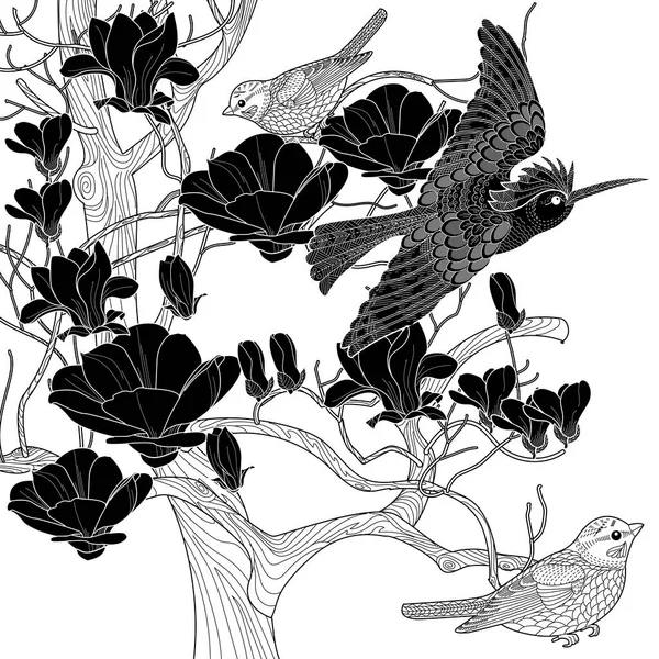 Kleurplaten Voor Kunsttherapie Kleurboek Antistress Voor Kinderen Volwassenen Vogels Bloemen — Stockvector