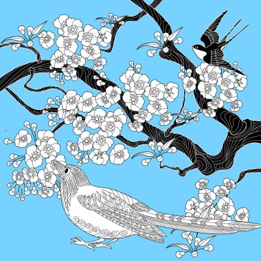 Sanat terapisi boyama sayfası. Çocuklar ve yetişkinler için boyama kitabı antistresi. Kuşlar ve çiçekler klasik tarzda çizilmiş. Doğaya daha bağlı hissetmek isteyenler için ideal..