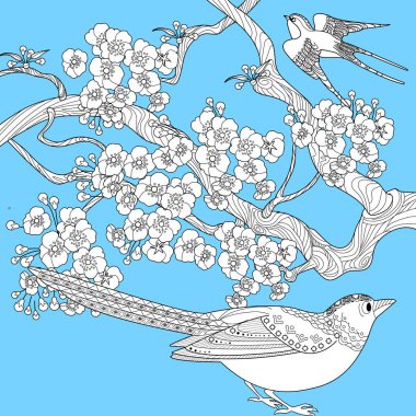 Sanat terapisi boyama sayfası. Çocuklar ve yetişkinler için boyama kitabı antistresi. Kuşlar ve çiçekler klasik tarzda çizilmiş. Doğaya daha bağlı hissetmek isteyenler için ideal..