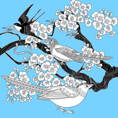 Sanat terapisi boyama sayfası. Çocuklar ve yetişkinler için boyama kitabı antistresi. Kuşlar ve çiçekler klasik tarzda çizilmiş. Doğaya daha bağlı hissetmek isteyenler için ideal..