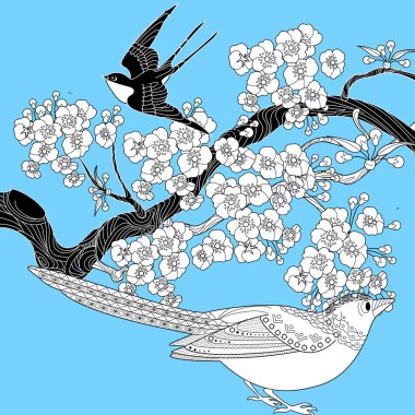 Sanat terapisi boyama sayfası. Çocuklar ve yetişkinler için boyama kitabı antistresi. Kuşlar ve çiçekler klasik tarzda çizilmiş. Doğaya daha bağlı hissetmek isteyenler için ideal..