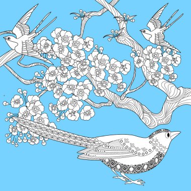 Sanat terapisi boyama sayfası. Çocuklar ve yetişkinler için boyama kitabı antistresi. Kuşlar ve çiçekler klasik tarzda çizilmiş. Doğaya daha bağlı hissetmek isteyenler için ideal..