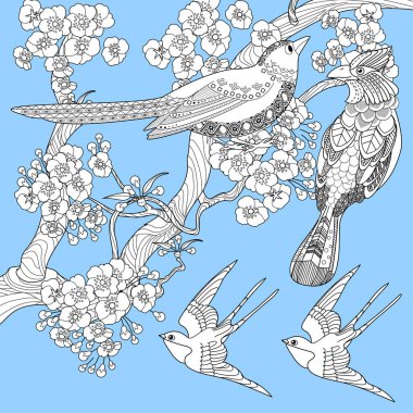 Sanat terapisi boyama sayfası. Çocuklar ve yetişkinler için boyama kitabı antistresi. Kuşlar ve çiçekler klasik tarzda çizilmiş. Doğaya daha bağlı hissetmek isteyenler için ideal..