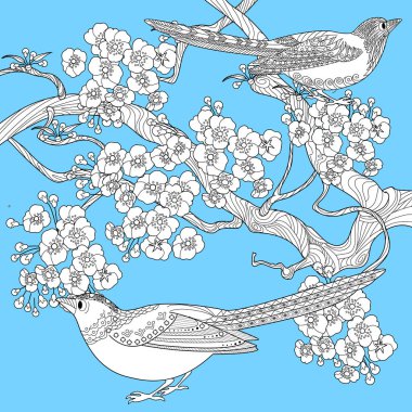 Sanat terapisi boyama sayfası. Çocuklar ve yetişkinler için boyama kitabı antistresi. Kuşlar ve çiçekler klasik tarzda çizilmiş. Doğaya daha bağlı hissetmek isteyenler için ideal..