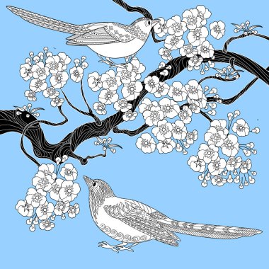 Sanat terapisi boyama sayfası. Çocuklar ve yetişkinler için boyama kitabı antistresi. Kuşlar ve çiçekler klasik tarzda çizilmiş. Doğaya daha bağlı hissetmek isteyenler için ideal..