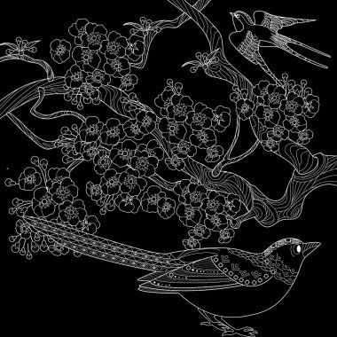 Sanat terapisi boyama sayfası. Çocuklar ve yetişkinler için boyama kitabı antistresi. Kuşlar ve çiçekler klasik tarzda çizilmiş. Doğaya daha bağlı hissetmek isteyenler için ideal..