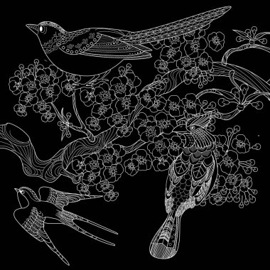 Sanat terapisi boyama sayfası. Çocuklar ve yetişkinler için boyama kitabı antistresi. Kuşlar ve çiçekler klasik tarzda çizilmiş. Doğaya daha bağlı hissetmek isteyenler için ideal..