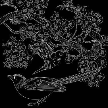 Sanat terapisi boyama sayfası. Çocuklar ve yetişkinler için boyama kitabı antistresi. Kuşlar ve çiçekler klasik tarzda çizilmiş. Doğaya daha bağlı hissetmek isteyenler için ideal..