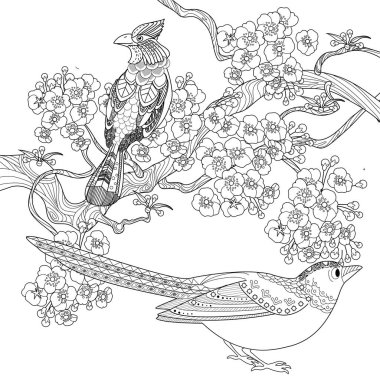 Sanat terapisi boyama sayfası. Çocuklar ve yetişkinler için boyama kitabı antistresi. Kuşlar ve çiçekler klasik tarzda çizilmiş. Doğaya daha bağlı hissetmek isteyenler için ideal..