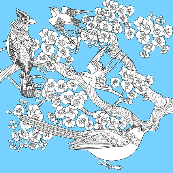 Розмальовка Арт Терапія Розмальовки Дітей Дорослих Птахи Квіти Намальовані Старовинному — стоковий вектор