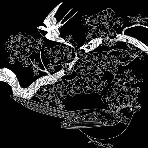 Розмальовка Арт Терапія Розмальовки Дітей Дорослих Птахи Квіти Намальовані Старовинному — стоковий вектор