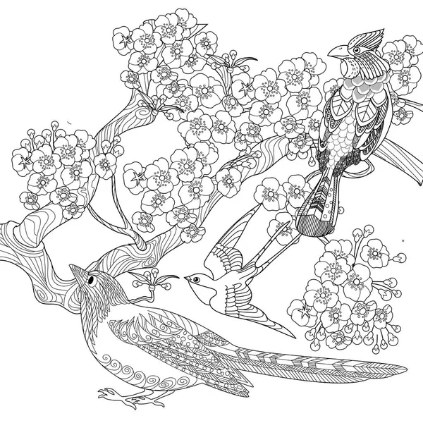 Kleurplaten Voor Kunsttherapie Kleurboek Antistress Voor Kinderen Volwassenen Vogels Bloemen — Stockvector