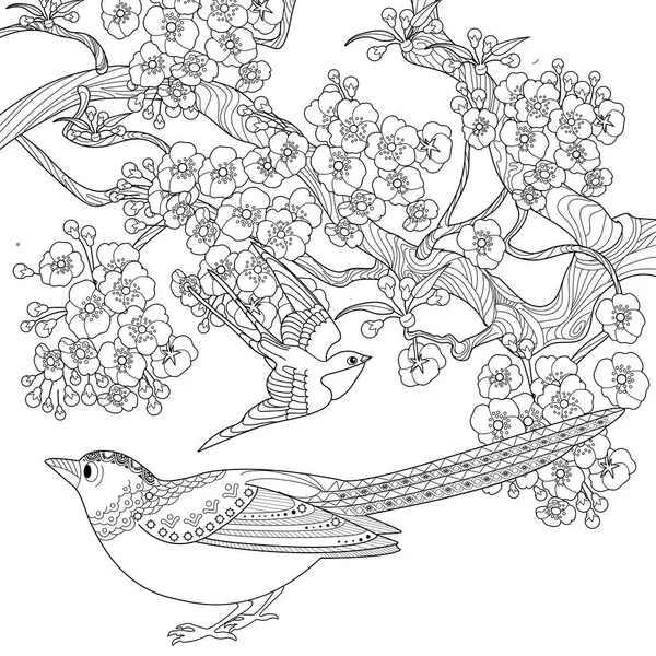Art Therapy Coloring Page Coloring Book Antistress Children Adults Birds — Stock Vector