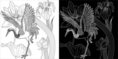 Coloring Pages. Coloring Book for adults and children. Colouring pictures with stork. Linear engraved art. Bird concept. Romantic concept. Vector design