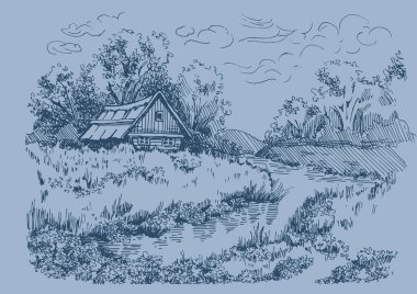 Nehirli kırsal manzara manzarası. Kalem çizimi vektör çizimine çevrildi
